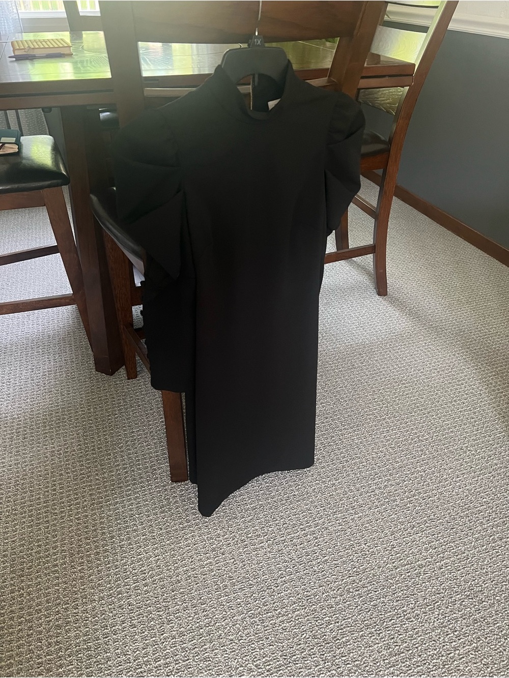 Calvin Klein Black Sheath Dress High Neck Long Puff Sleeve Zip Pockets 2 # 641